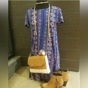 Fun Bohemian Print Shortsleeved Dress. NEW. Lightweight colorful